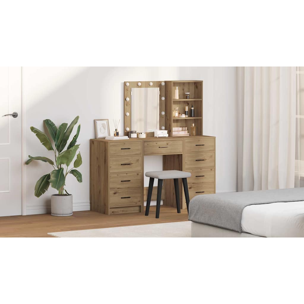 Dressing Table with Mirror Lights 3 pcs Brown Engineered wood