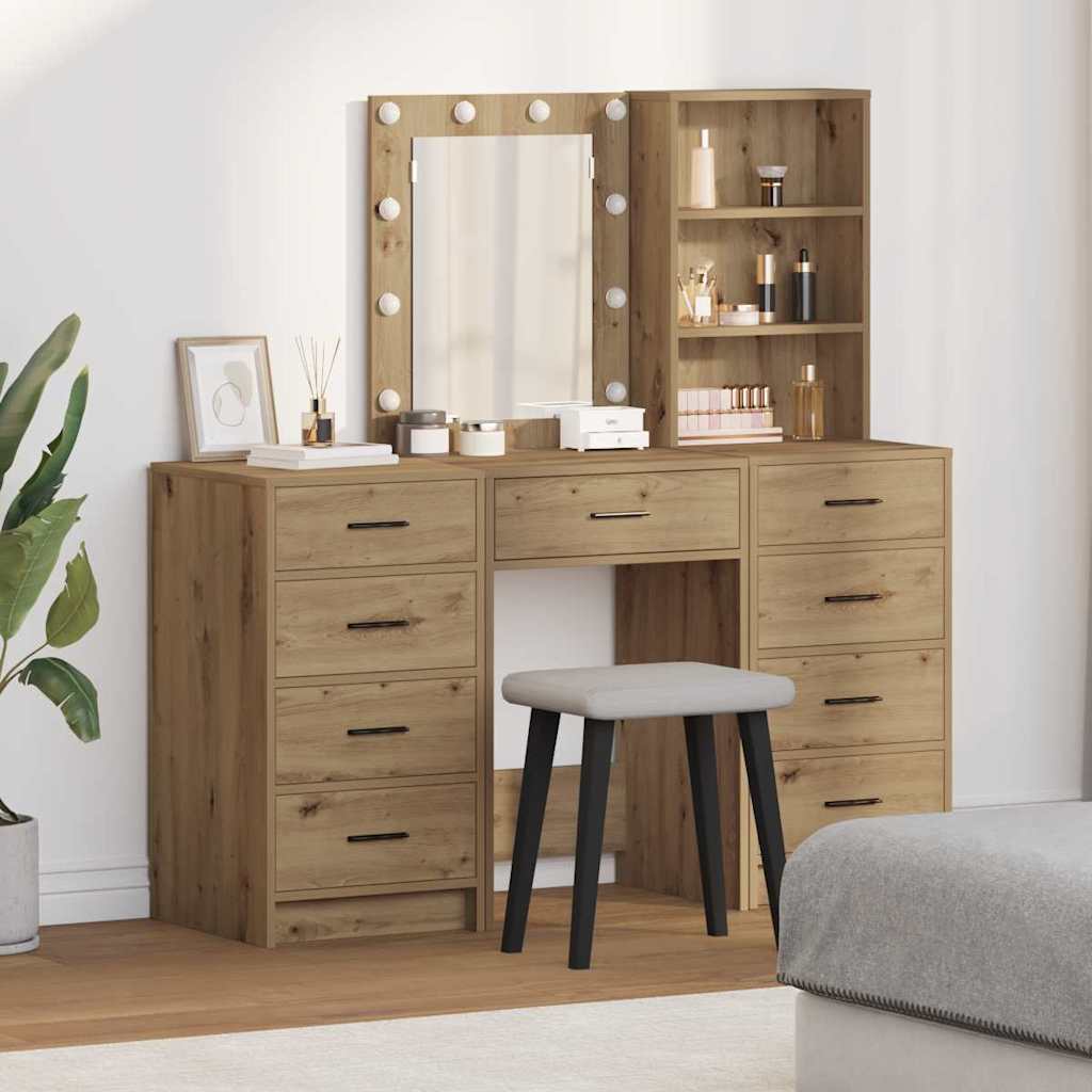 Dressing Table with Mirror Lights 3 pcs Brown Engineered wood