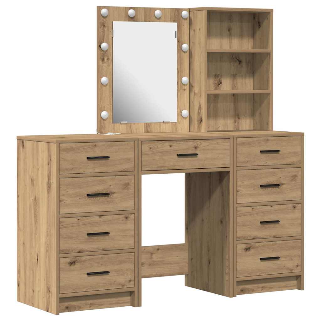 Dressing Table with Mirror Lights 3 pcs Brown Engineered wood