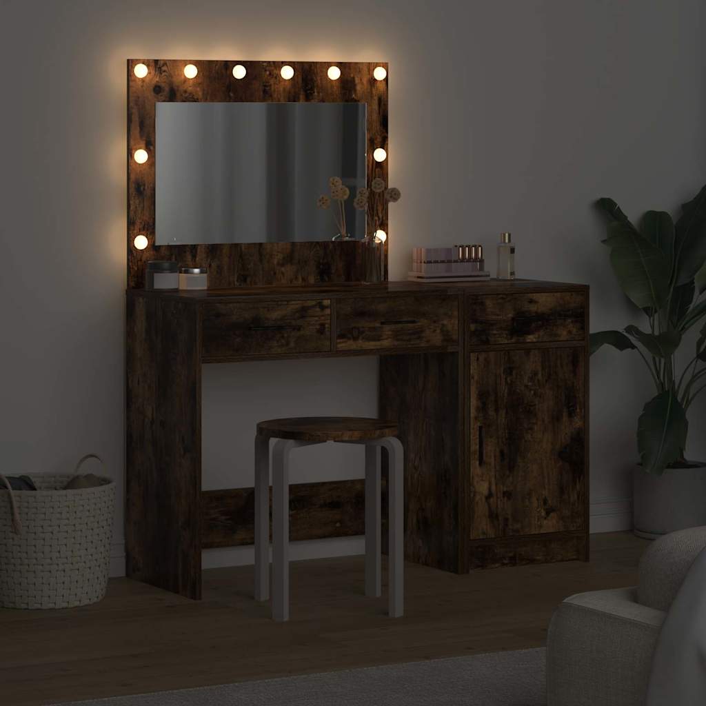Dressing Table with Mirror Lights 2 pcs Brown Engineered wood