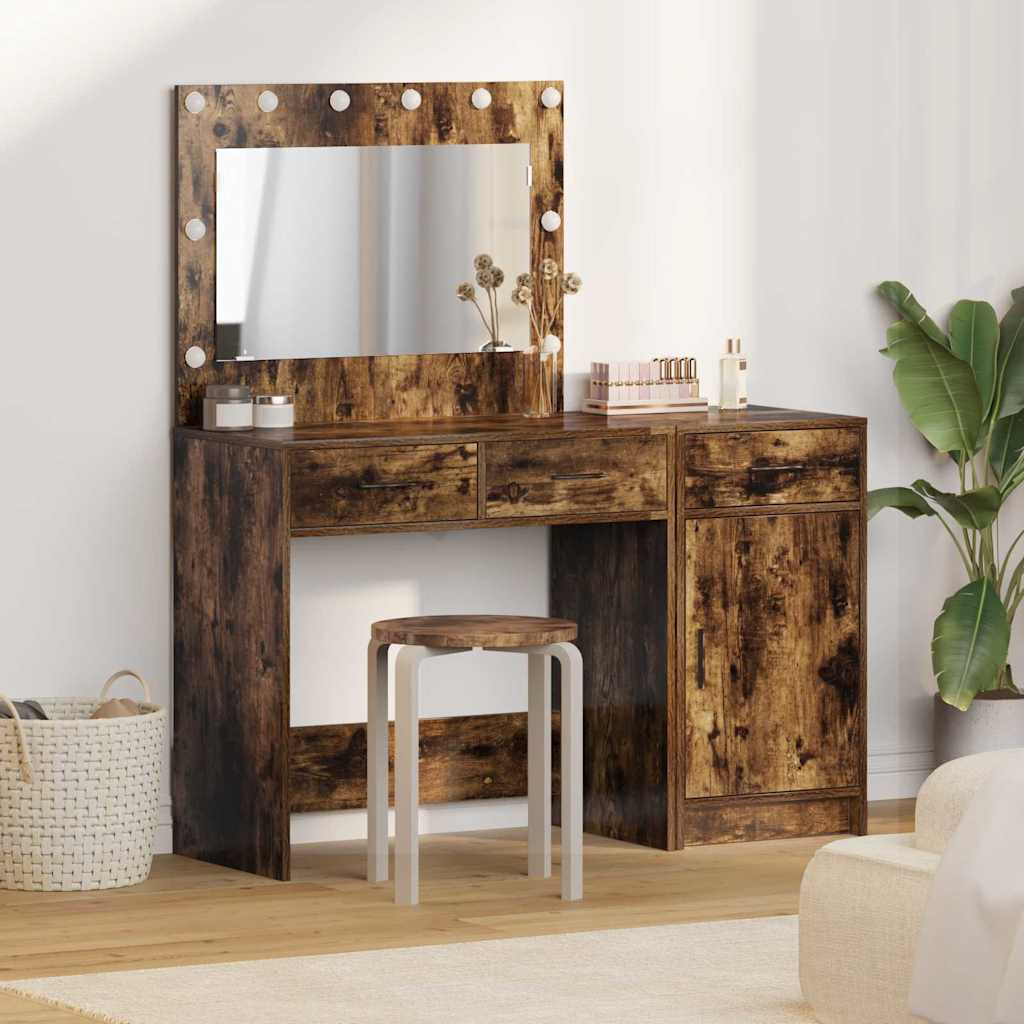 Dressing Table with Mirror Lights 2 pcs Brown Engineered wood