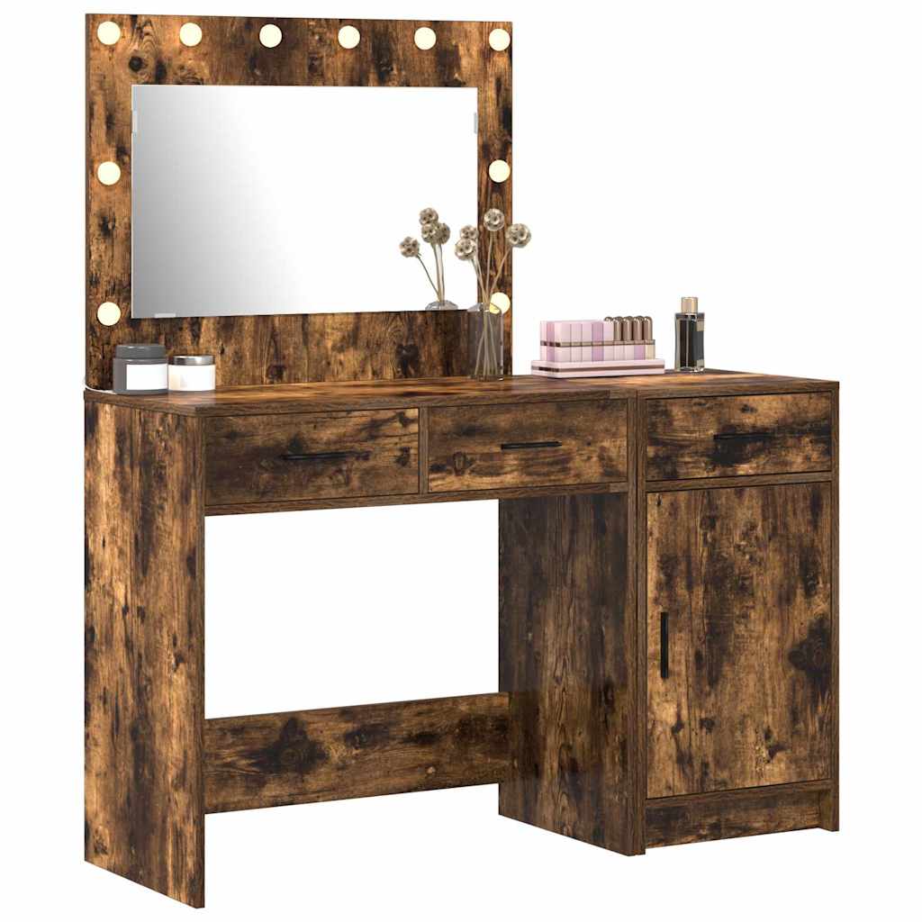 Dressing Table with Mirror Lights 2 pcs Brown Engineered wood