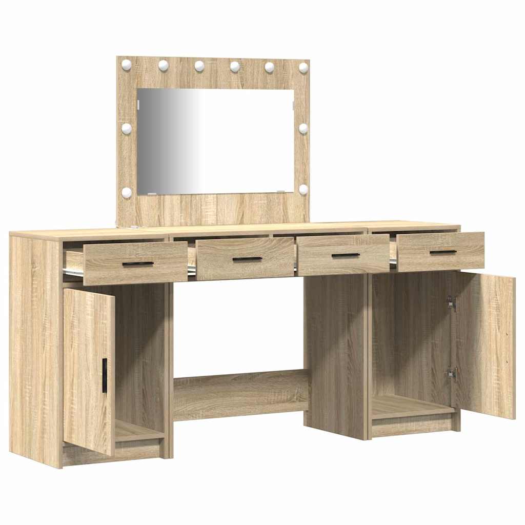 Dressing Table with Mirror Lights 3 pcs Brown Engineered Wood