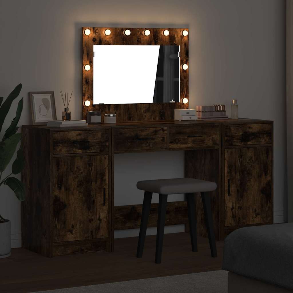 Dressing Table with Mirror Lights 3 pcs Brown Engineered Wood