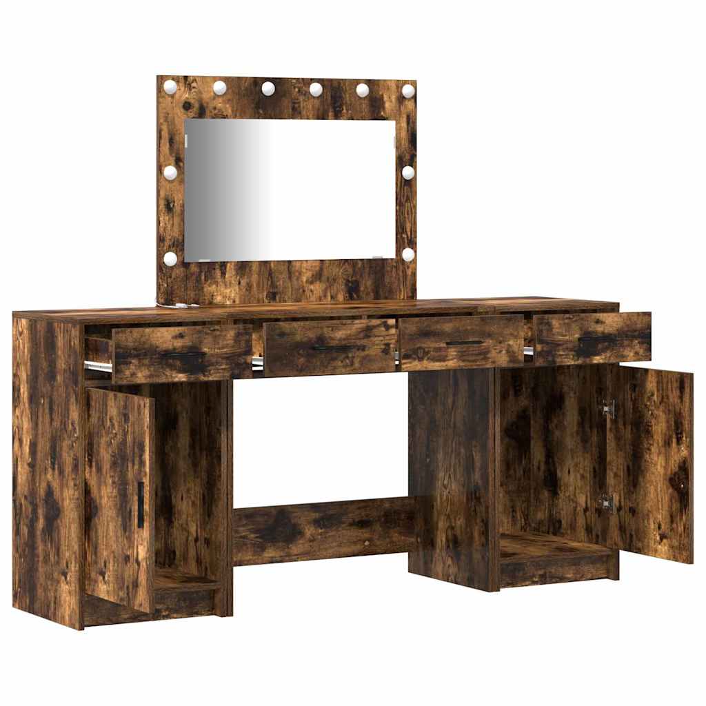 Dressing Table with Mirror Lights 3 pcs Brown Engineered Wood