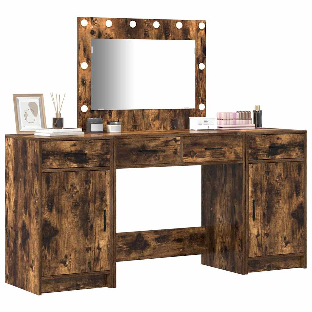 Dressing Table with Mirror Lights 3 pcs Brown Engineered Wood
