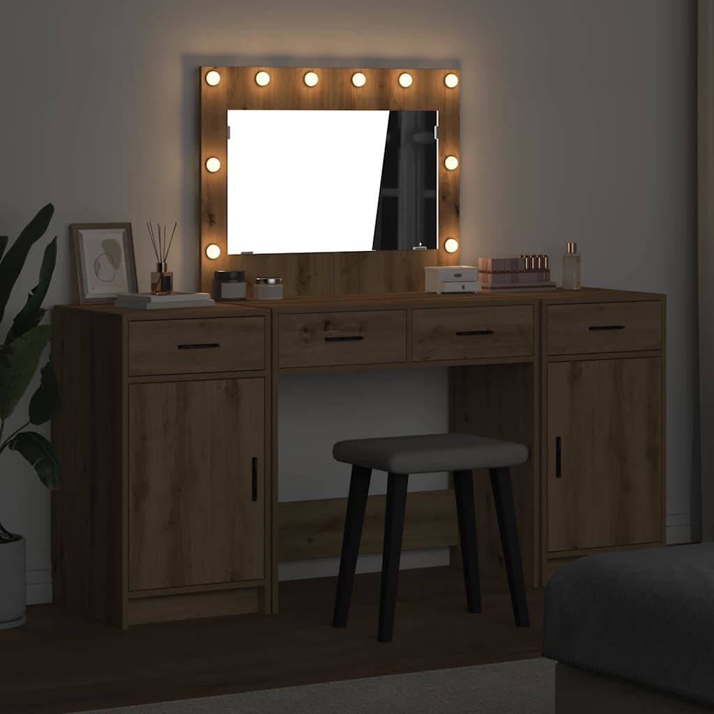 Dressing Table with Mirror Lights 3 pcs Brown Engineered Wood