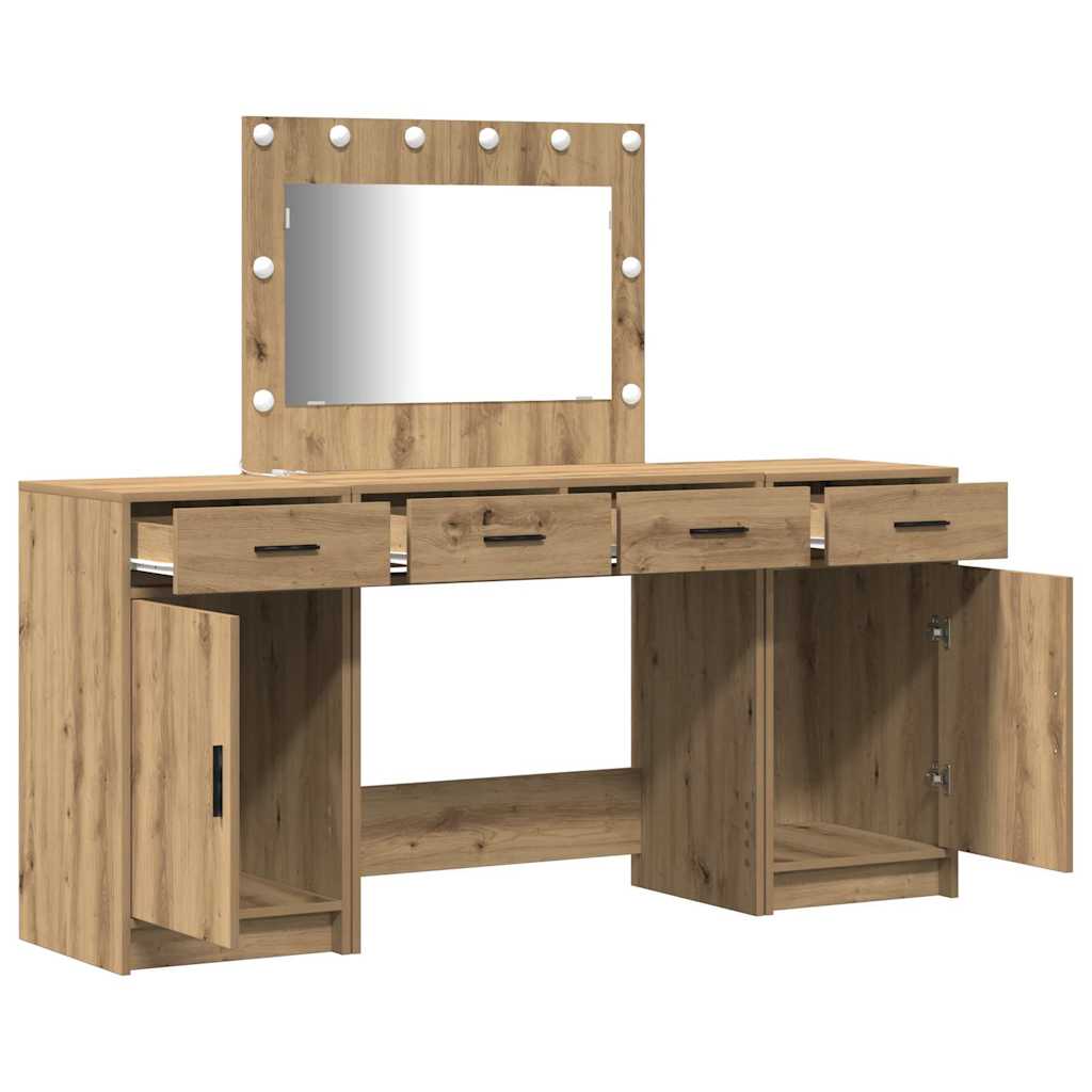 Dressing Table with Mirror Lights 3 pcs Brown Engineered Wood