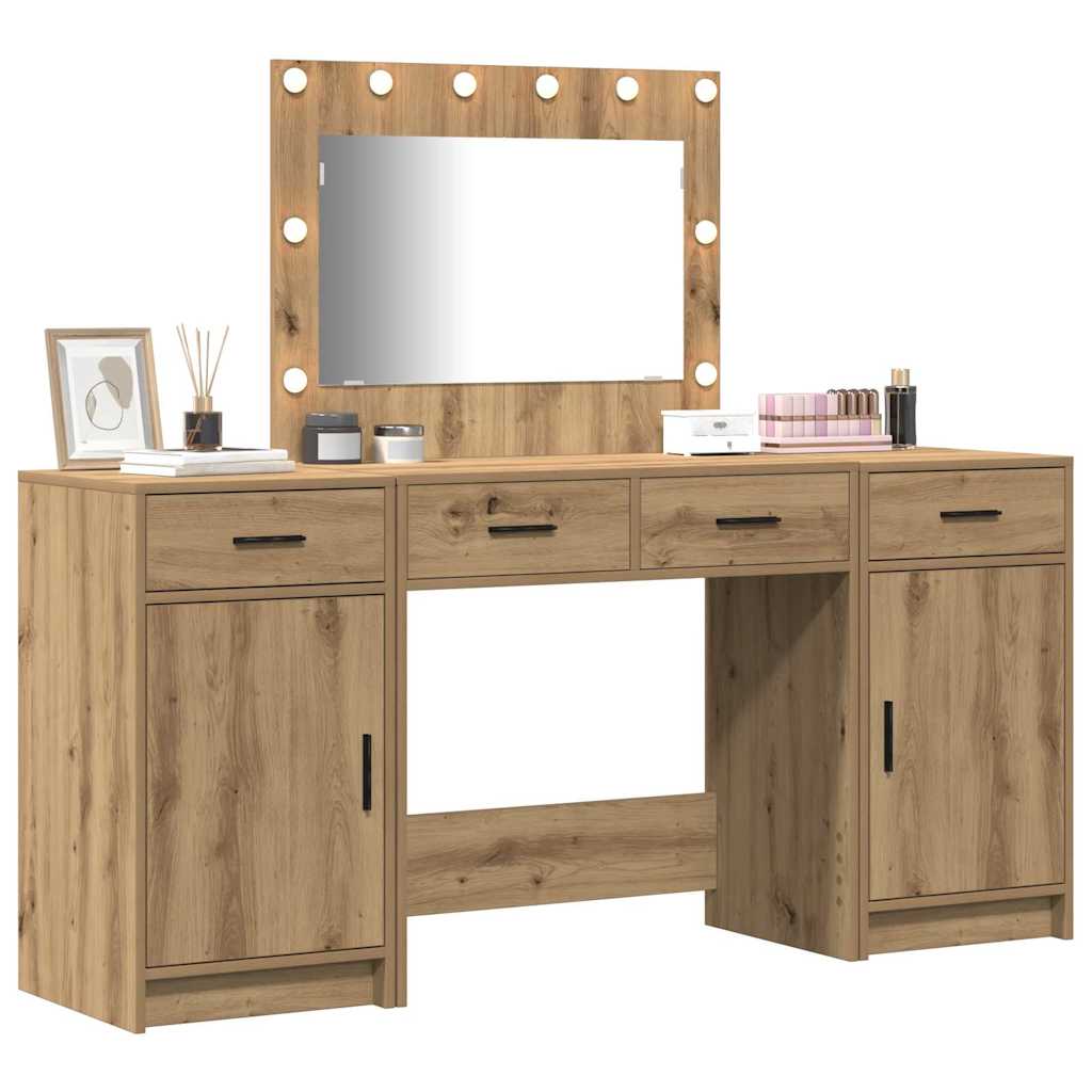 Dressing Table with Mirror Lights 3 pcs Brown Engineered Wood