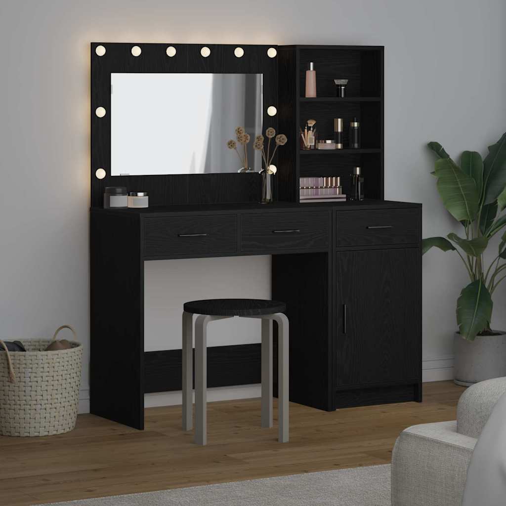 Dressing Table with Mirror Lights 2 pcs Black Engineered Wood