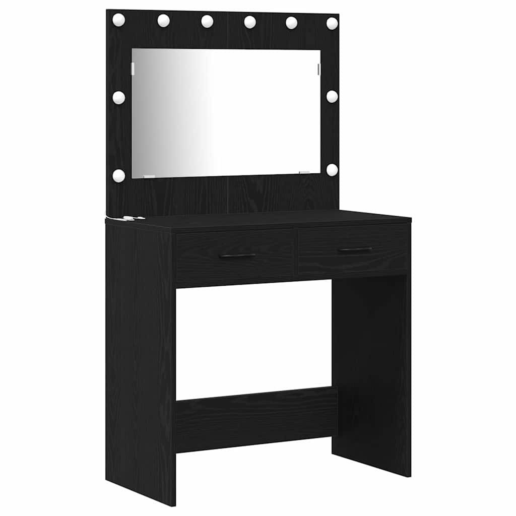 Dressing Table with Mirror Lights 2 pcs Black Engineered Wood