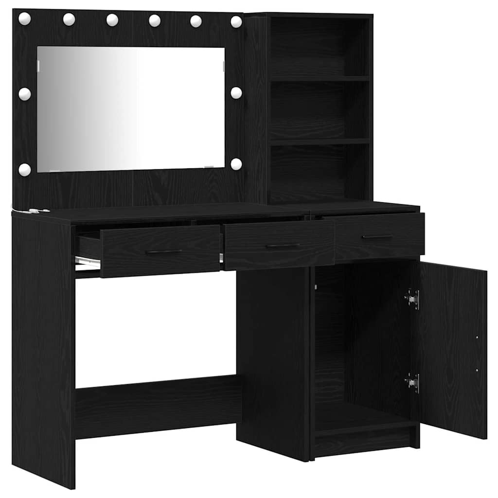 Dressing Table with Mirror Lights 2 pcs Black Engineered Wood