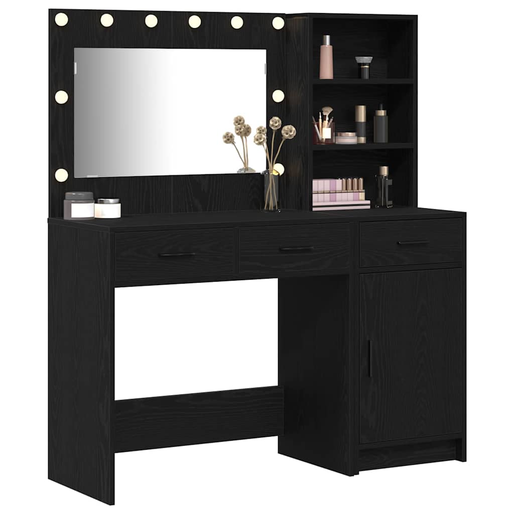 Dressing Table with Mirror Lights 2 pcs Black Engineered Wood