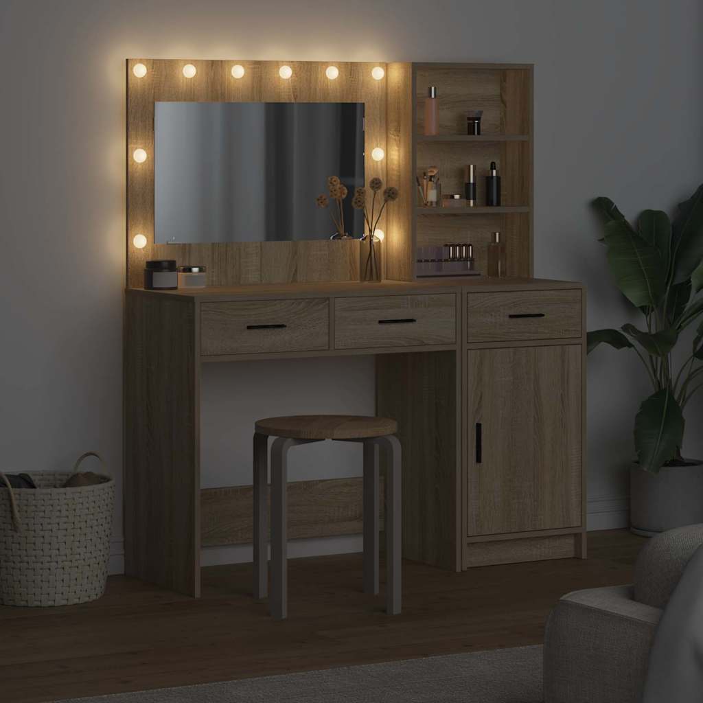 Dressing Table with Mirror Lights 2 pcs Brown Engineered Wood
