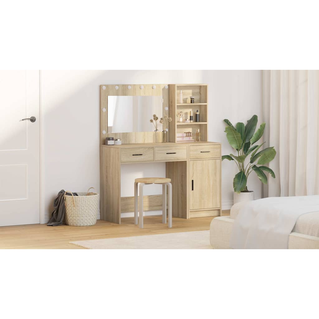 Dressing Table with Mirror Lights 2 pcs Brown Engineered Wood