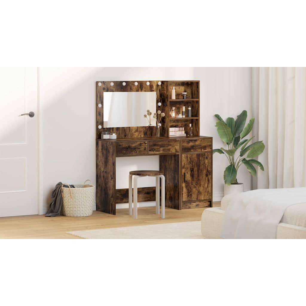Dressing Table with Mirror Lights 2 pcs Brown Engineered Wood
