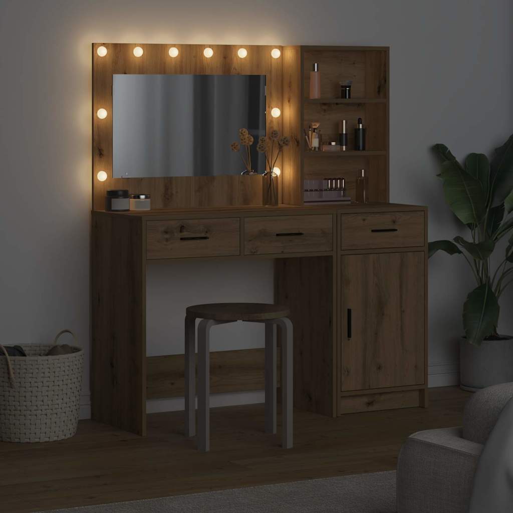 Dressing Table with Mirror Lights 2 pcs Brown Engineered Wood