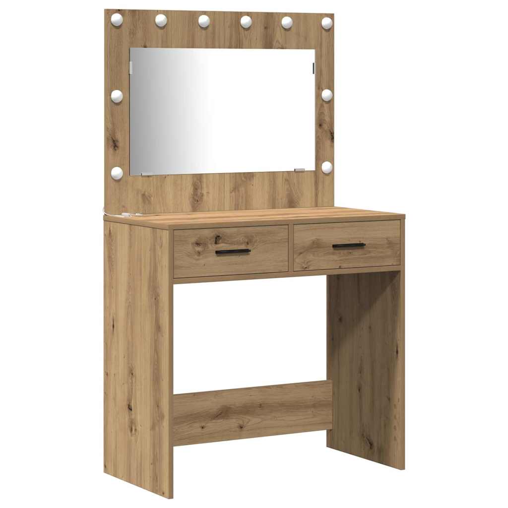 Dressing Table with Mirror Lights 2 pcs Brown Engineered Wood