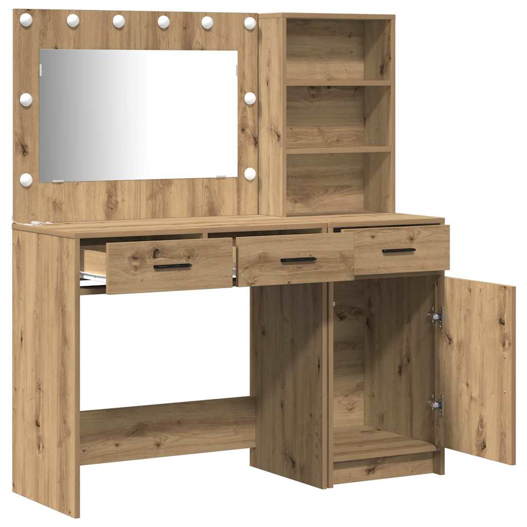 Dressing Table with Mirror Lights 2 pcs Brown Engineered Wood