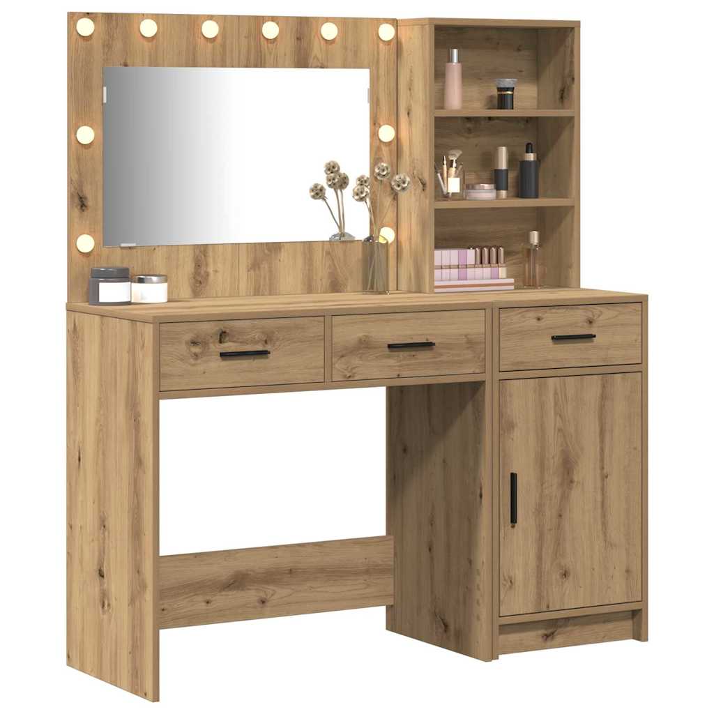 Dressing Table with Mirror Lights 2 pcs Brown Engineered Wood