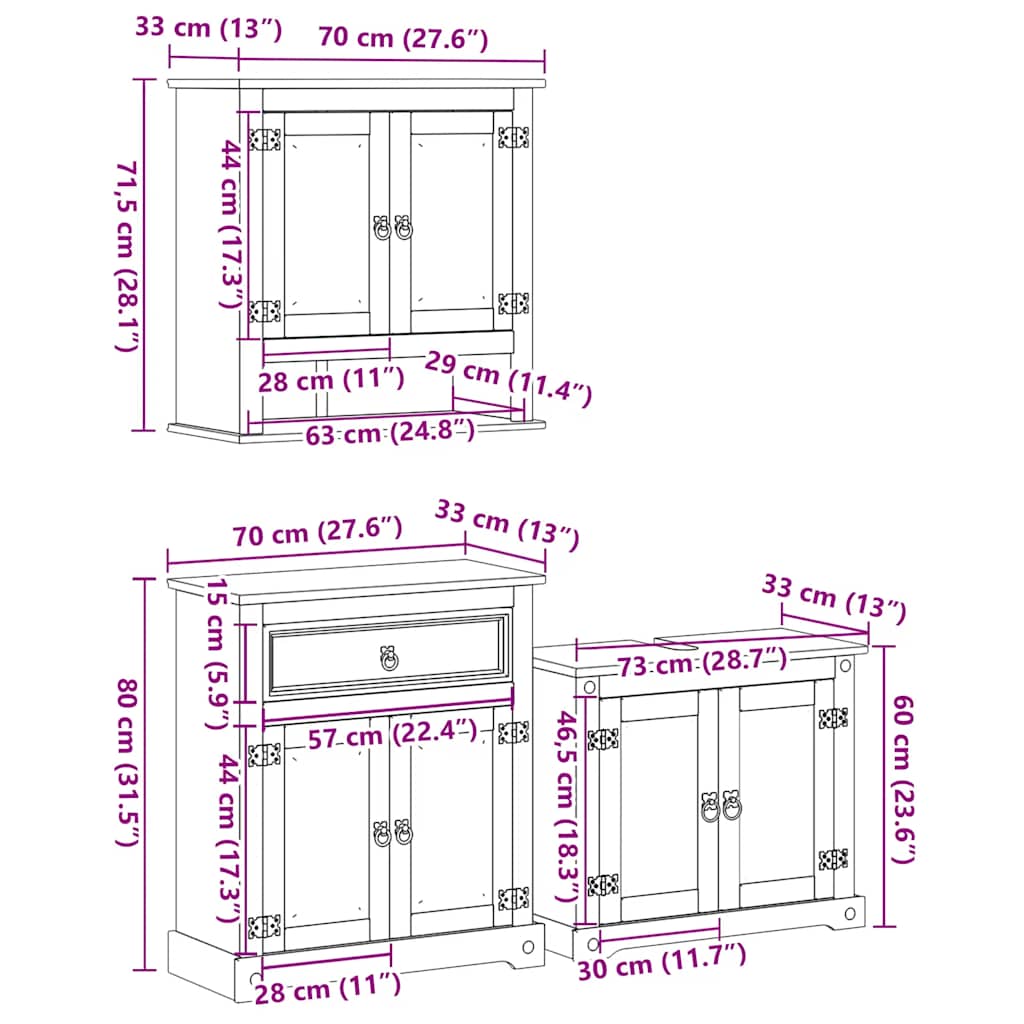 3 Piece Bathroom Furniture Set "Corona" Solid Wood Pine