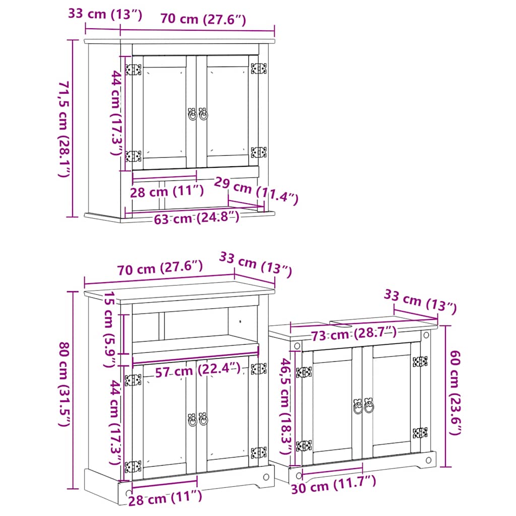 3 Piece Bathroom Furniture Set "Corona" Solid Wood Pine