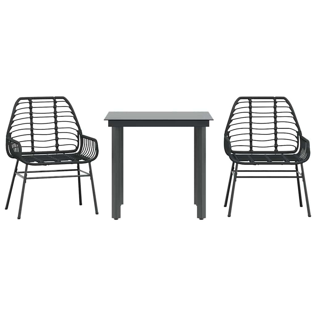 3 Piece Garden Dining Set Black Poly Rattan Glass