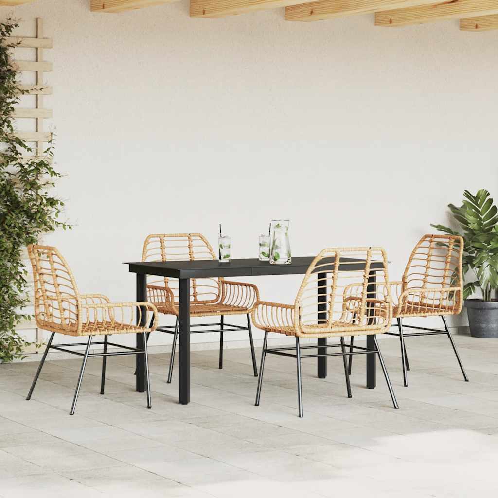 5 Piece Garden Dining Set Brown Poly Rattan Glass