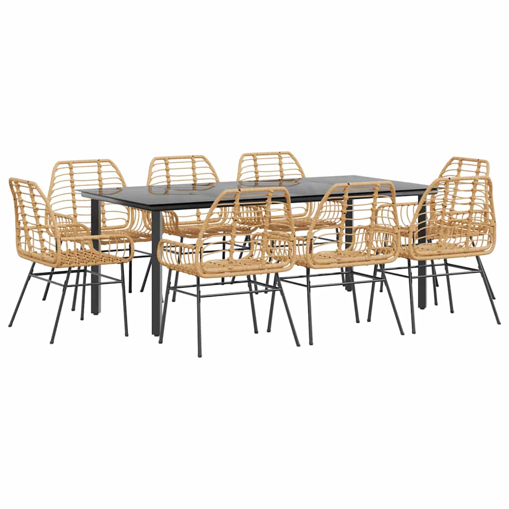 9 Piece Garden Dining Set Brown Poly Rattan Glass