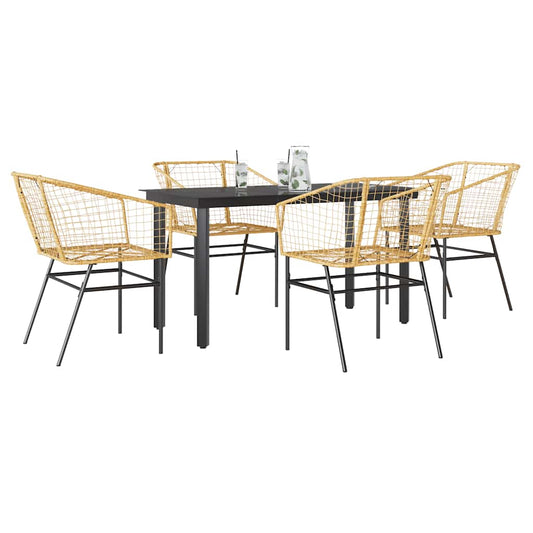 5 Piece Garden Dining Set Brown Poly Rattan Glass