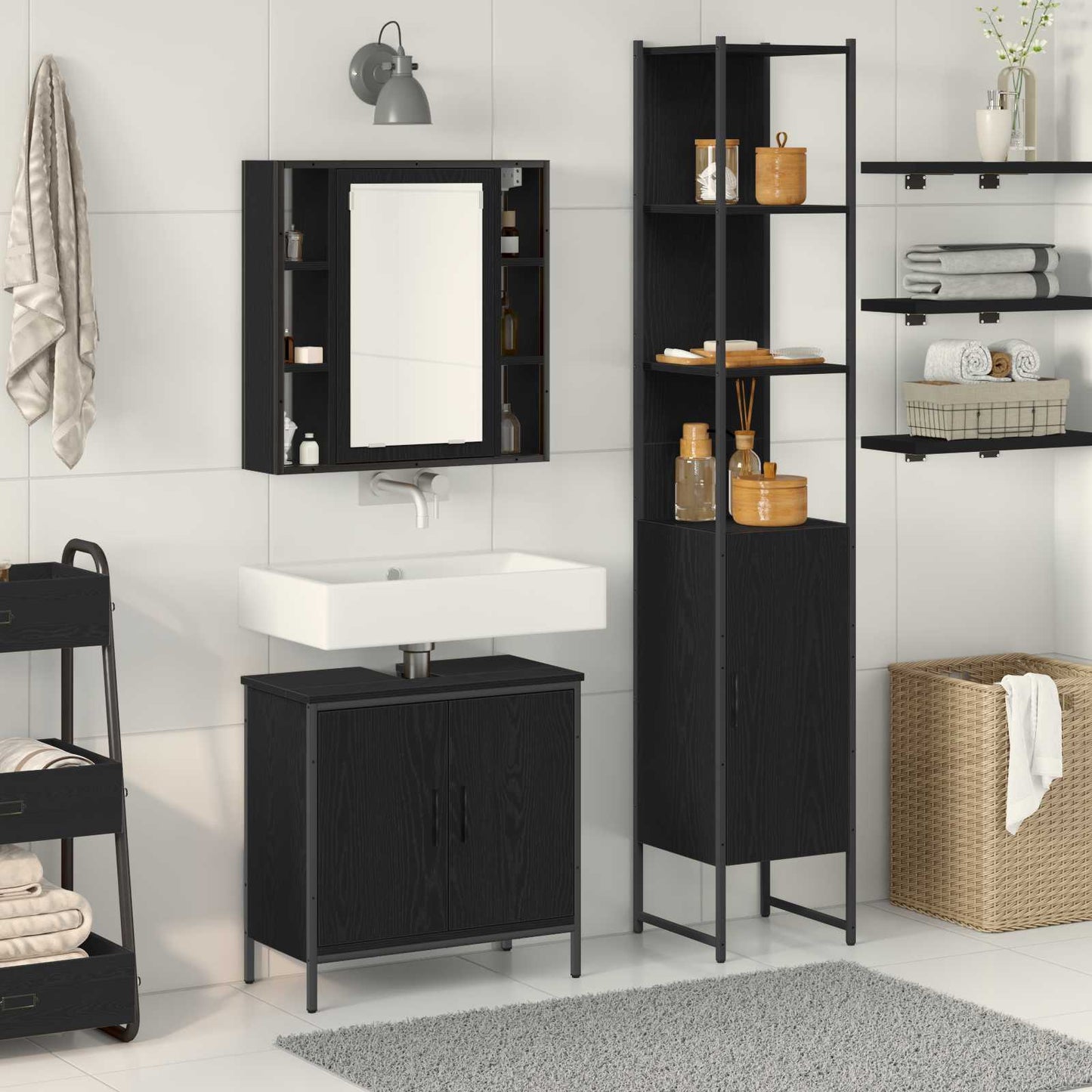 Bathroom Vanity Units with Shelf 3 pcs Black Engineered wood