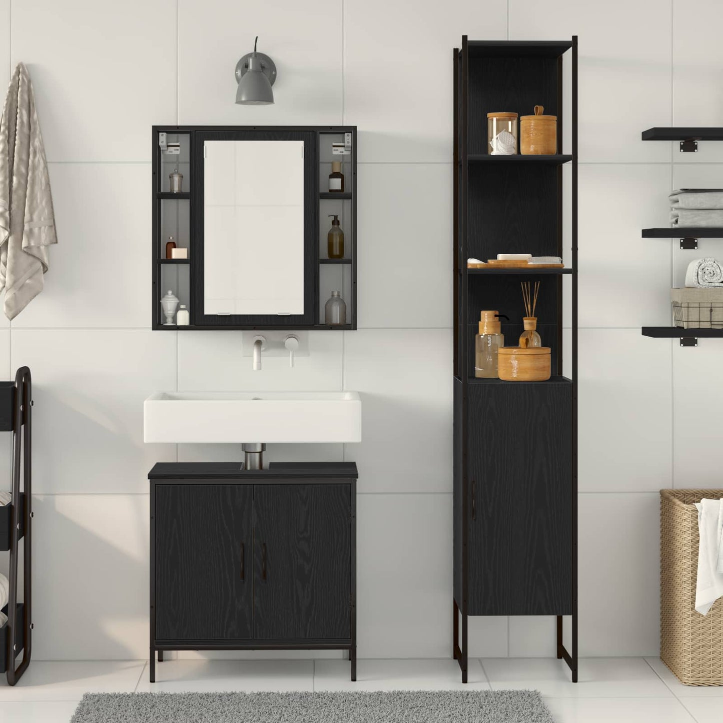 Bathroom Vanity Units with Shelf 3 pcs Black Engineered wood