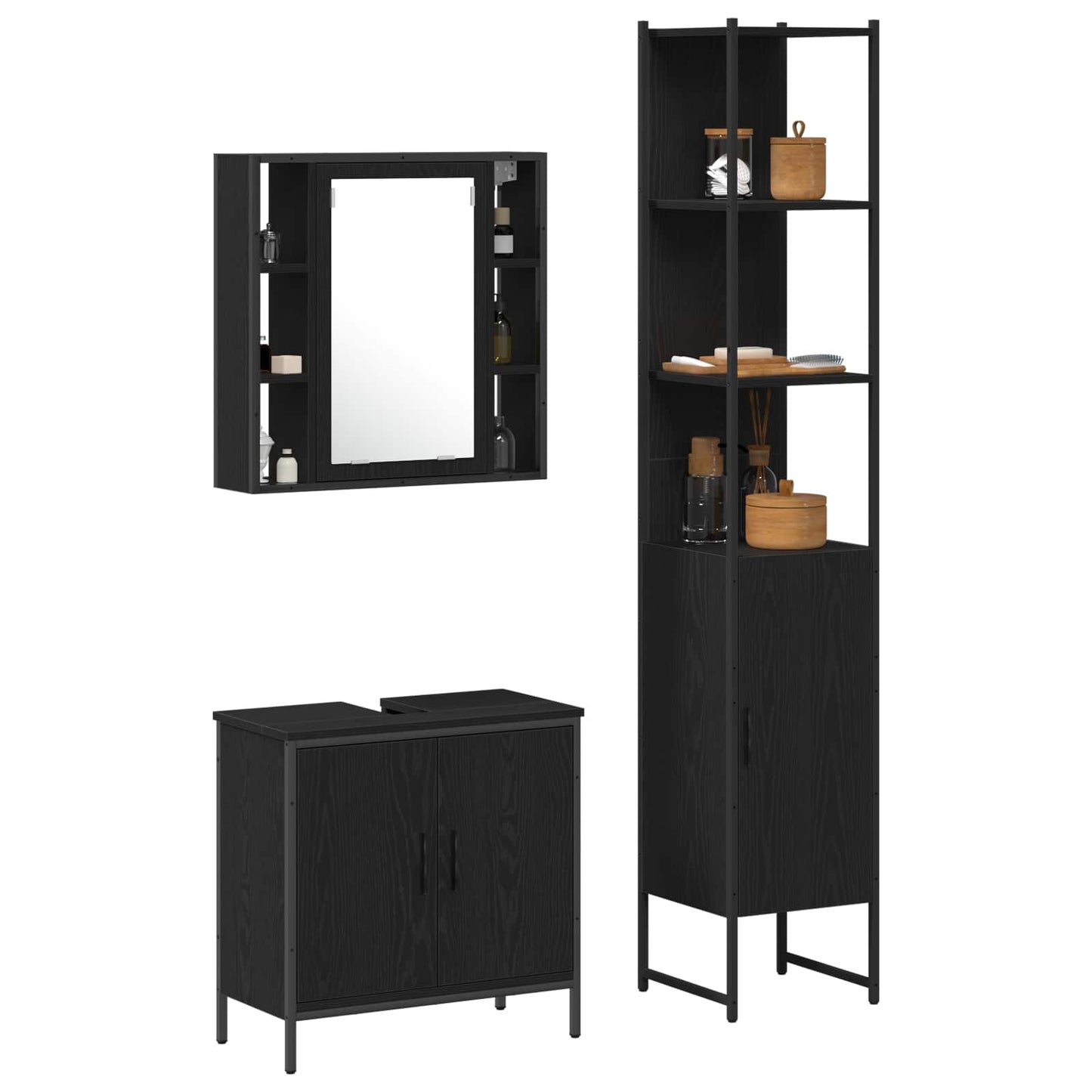 Bathroom Vanity Units with Shelf 3 pcs Black Engineered wood