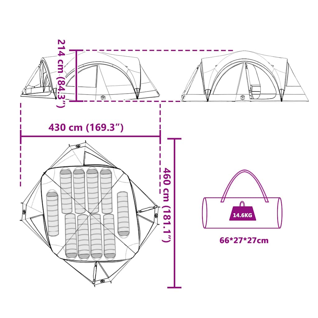 Family Tent 10-Person Blue and Grey 460 x 430 x 214 cm