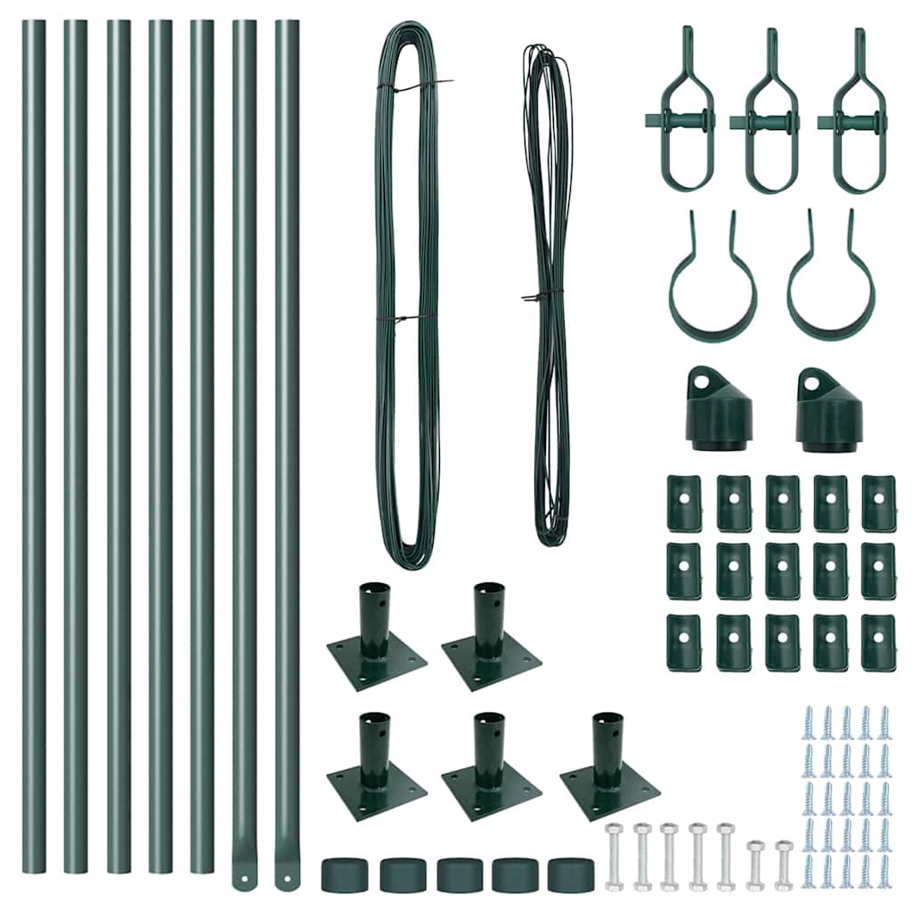 Fence Post with Concrete Base 7 pcs Green Powder-Coated Steel