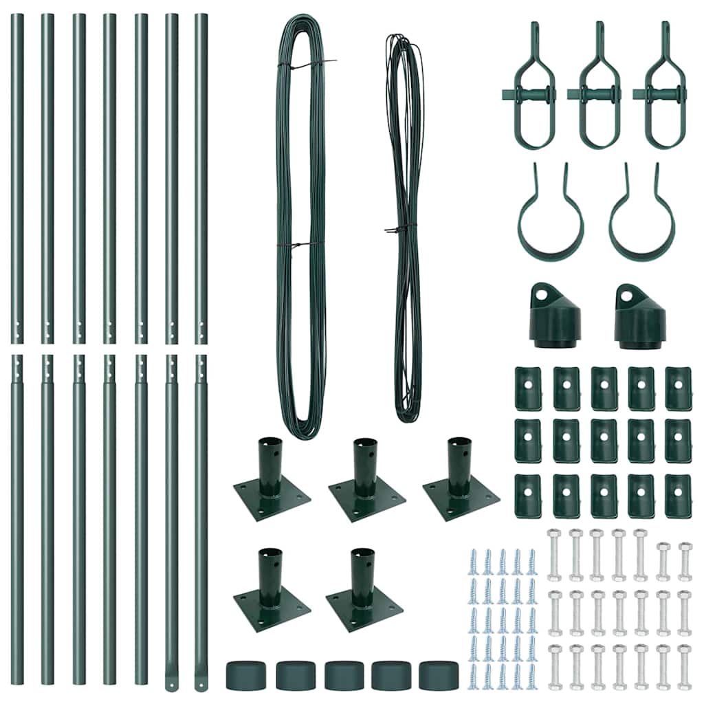 Fence Post with Concrete Base 7 pcs Green Powder-Coated Steel