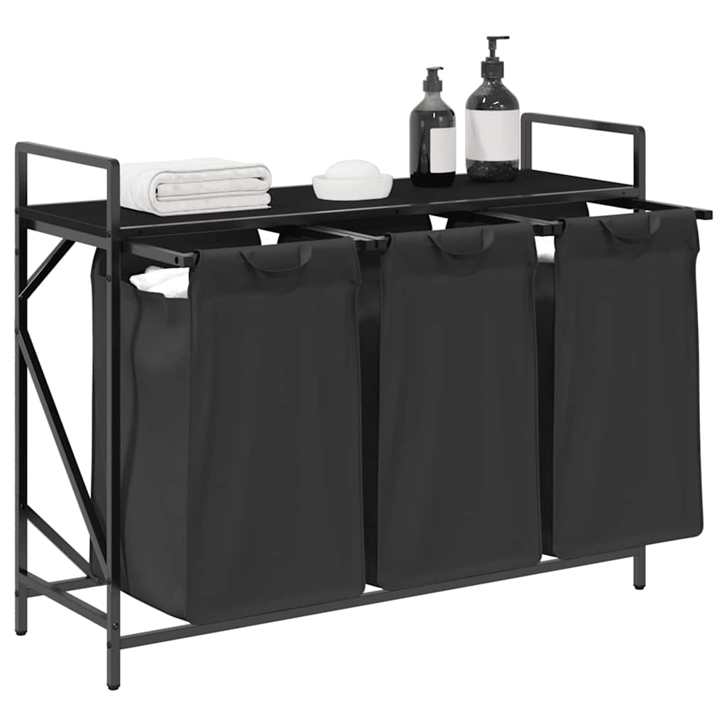 Laundry Basket 3 Compartments with Shelf Black Oak