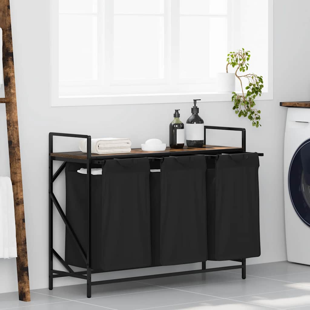 Laundry Basket 3 Compartments with Shelf Smoked Oak