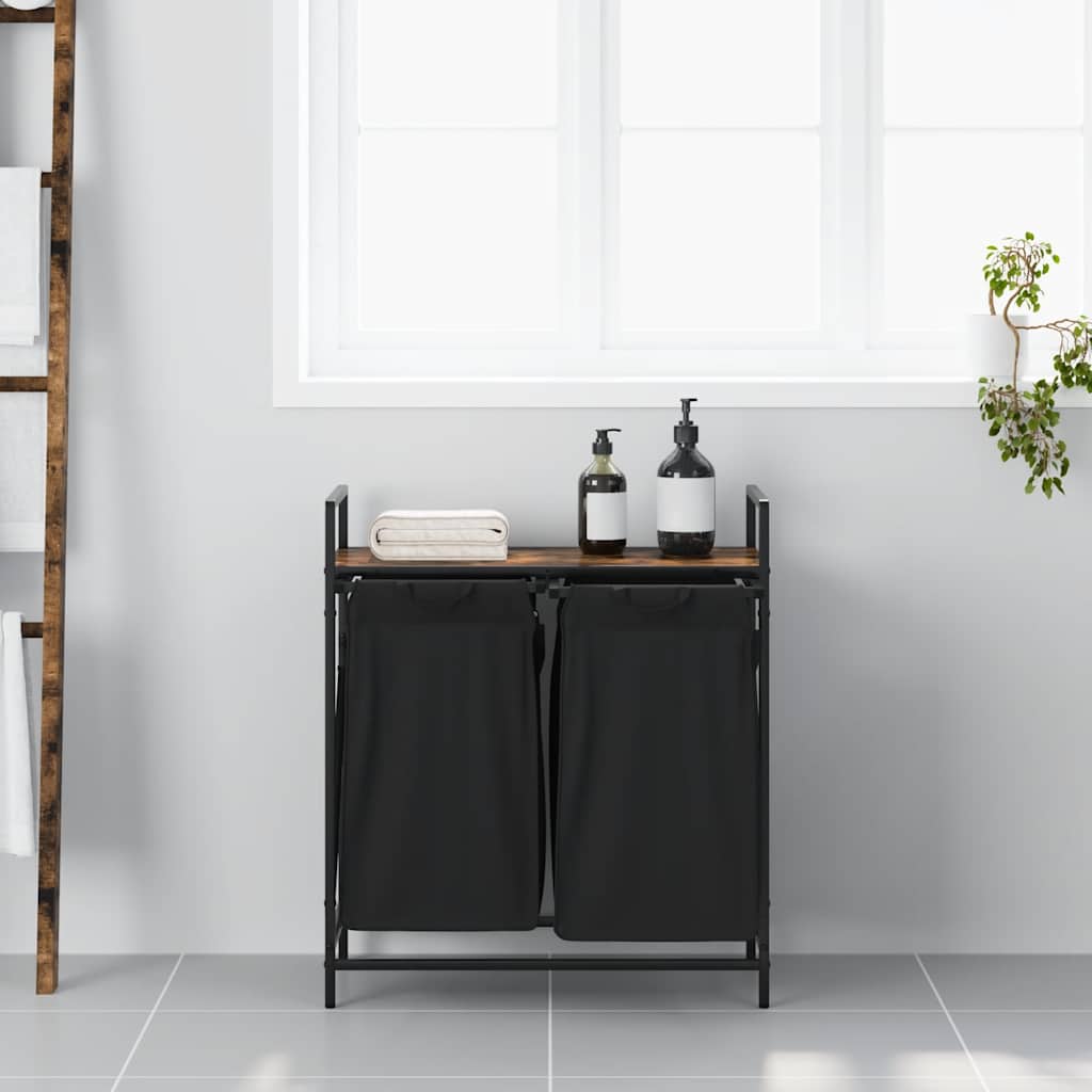 Laundry Basket 2 Compartments with Shelf Smoked Oak