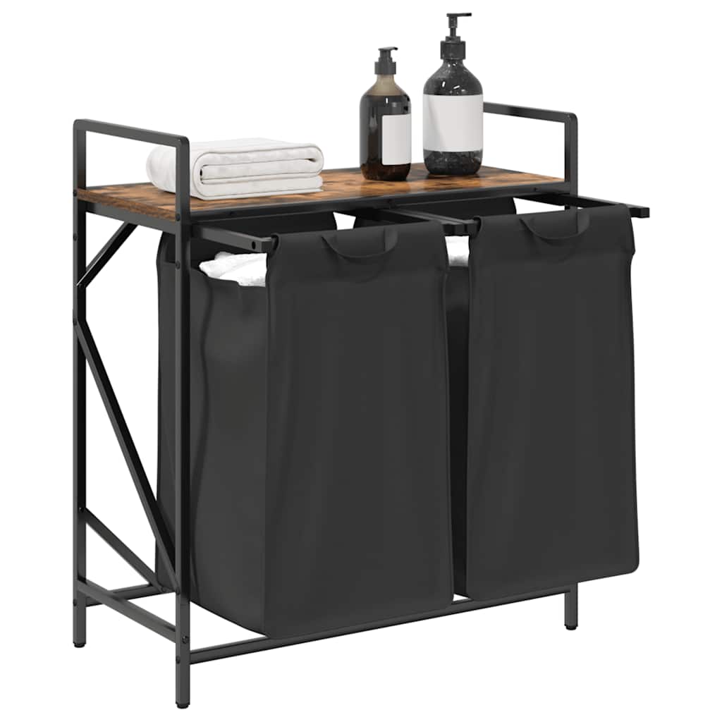 Laundry Basket 2 Compartments with Shelf Smoked Oak