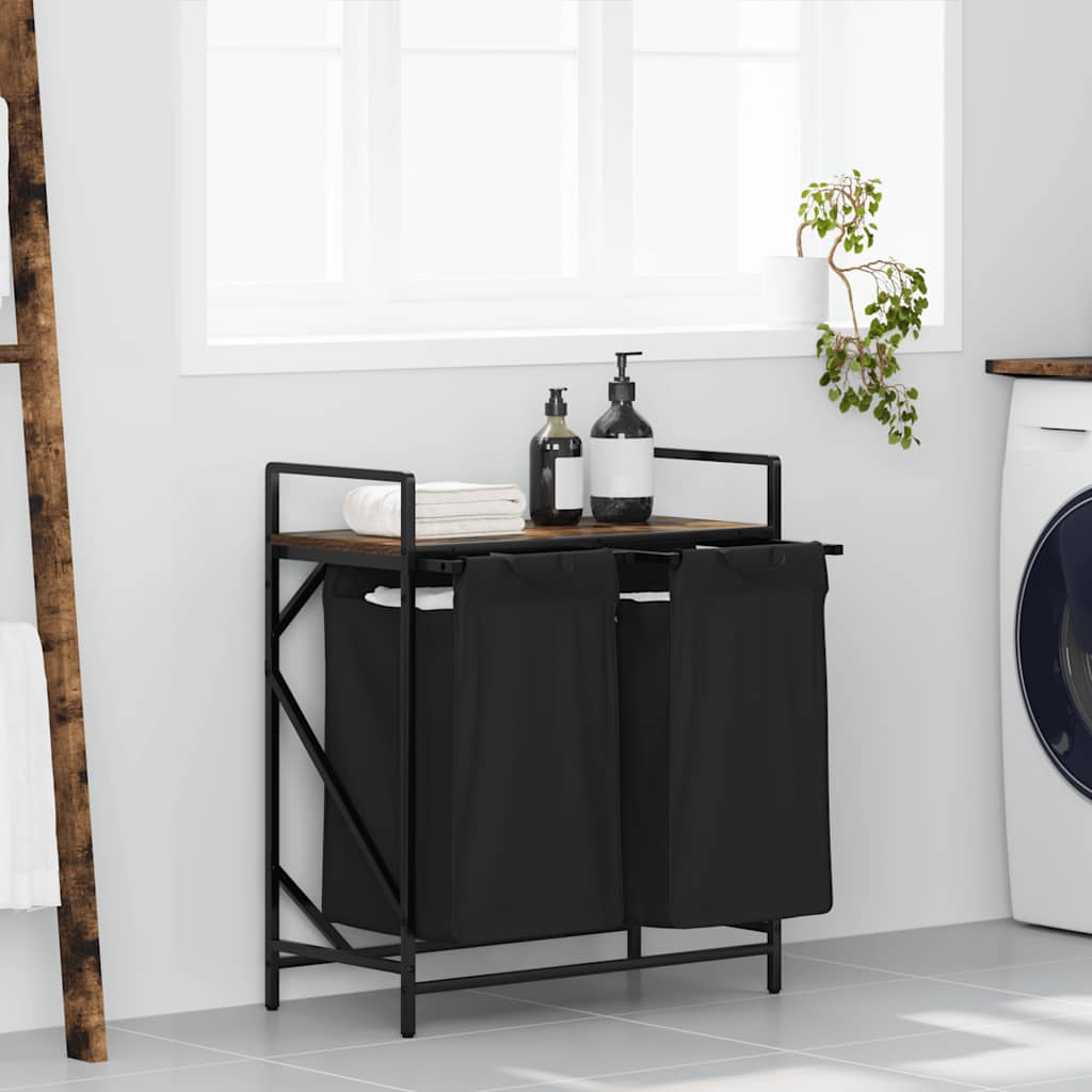 Laundry Basket 2 Compartments with Shelf Smoked Oak