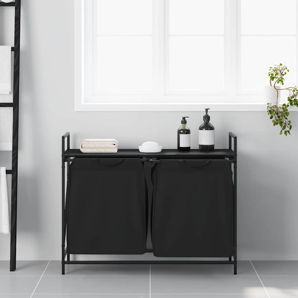 Laundry Basket 2 Compartments with Shelf Black Oak