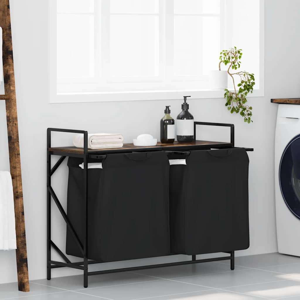 Laundry Basket 2 Compartments with Shelf Smoked Oak