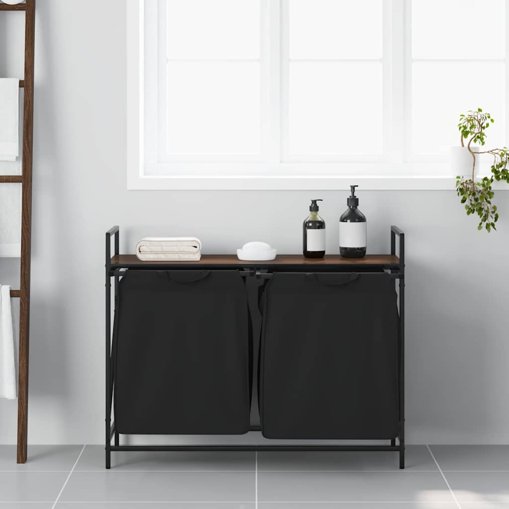 Laundry Basket 2 Compartments with Shelf Brown Oak
