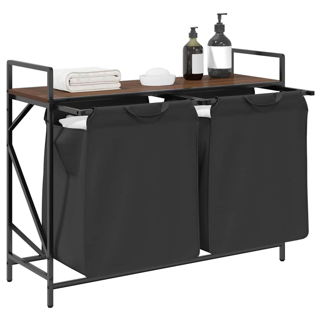 Laundry Basket 2 Compartments with Shelf Brown Oak