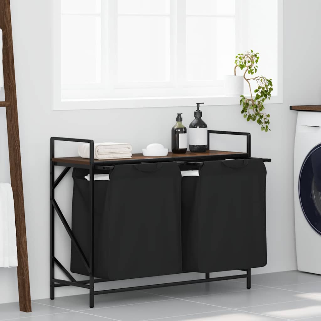 Laundry Basket 2 Compartments with Shelf Brown Oak