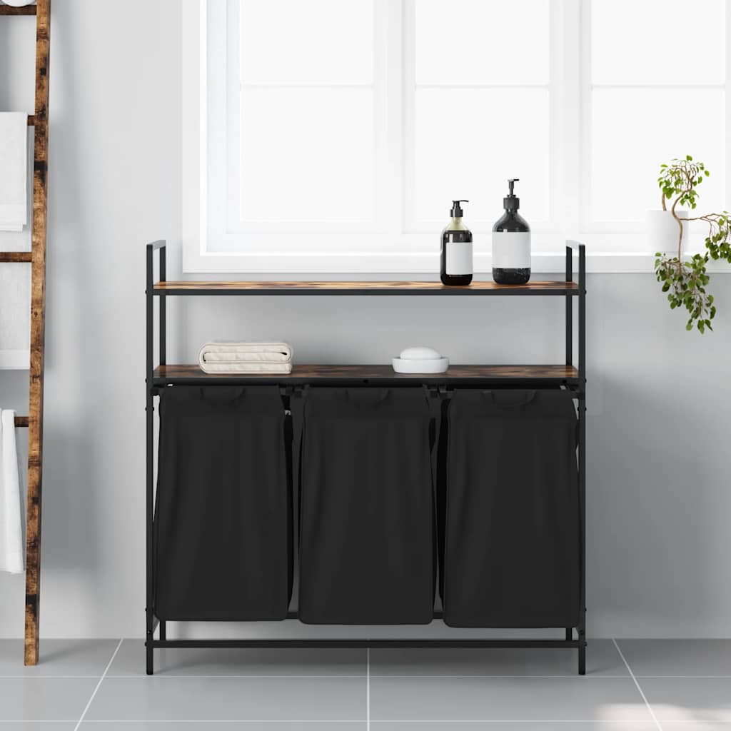 Laundry Basket 3 Compartments with Shelves Smoked Oak
