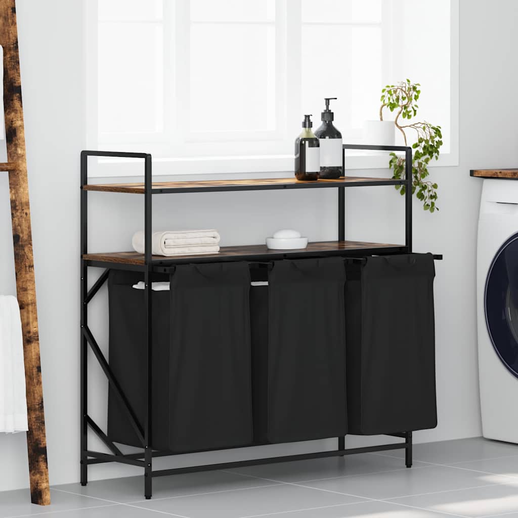 Laundry Basket 3 Compartments with Shelves Smoked Oak