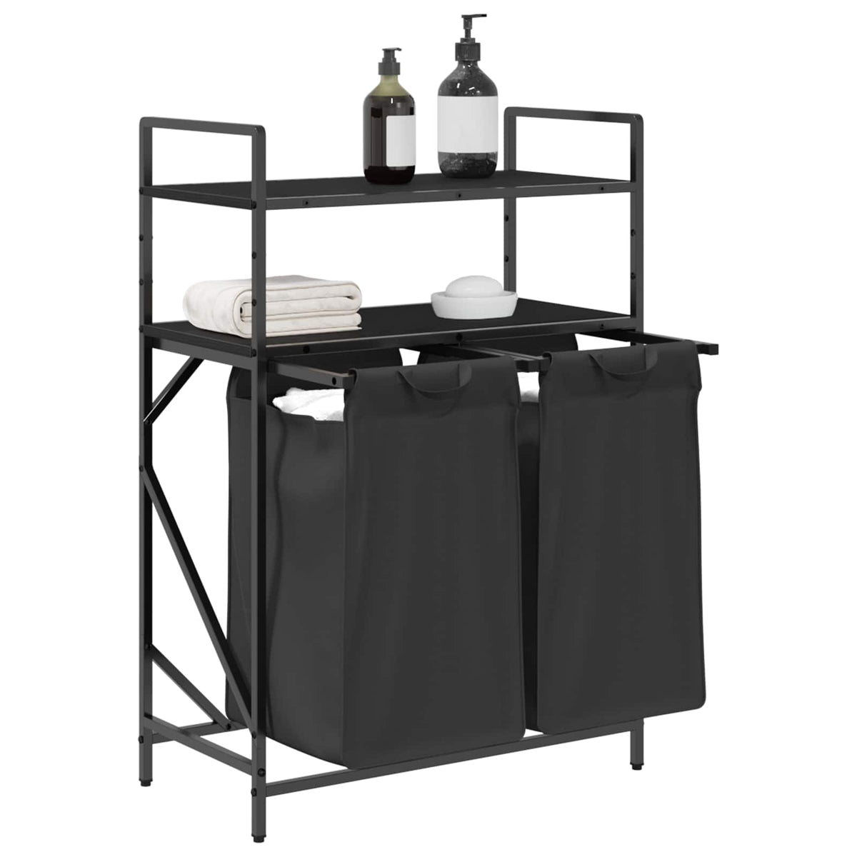 Laundry Basket 2 Compartments with Shelves Black Oak
