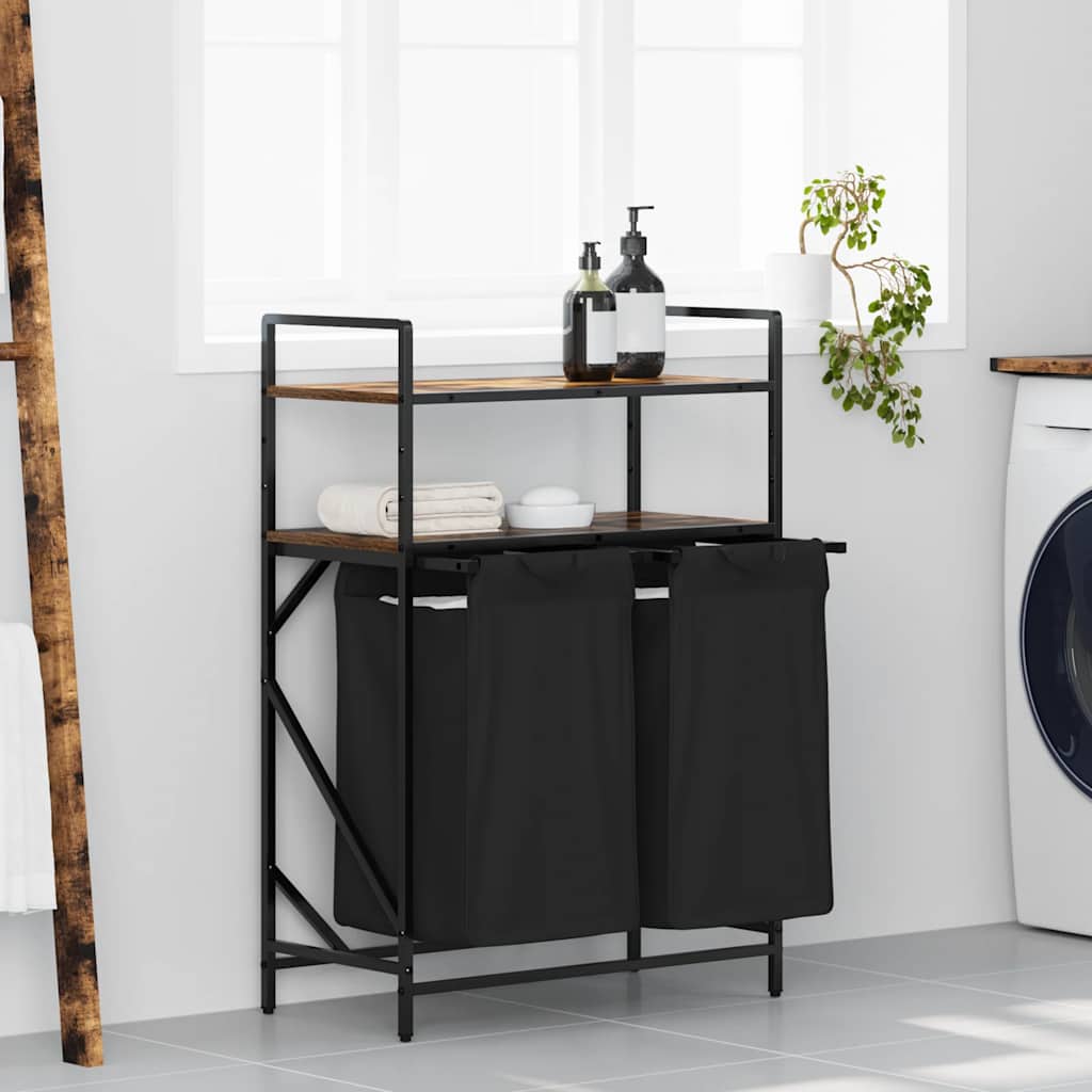 Laundry Basket 2 Compartments with Shelves Smoked Oak